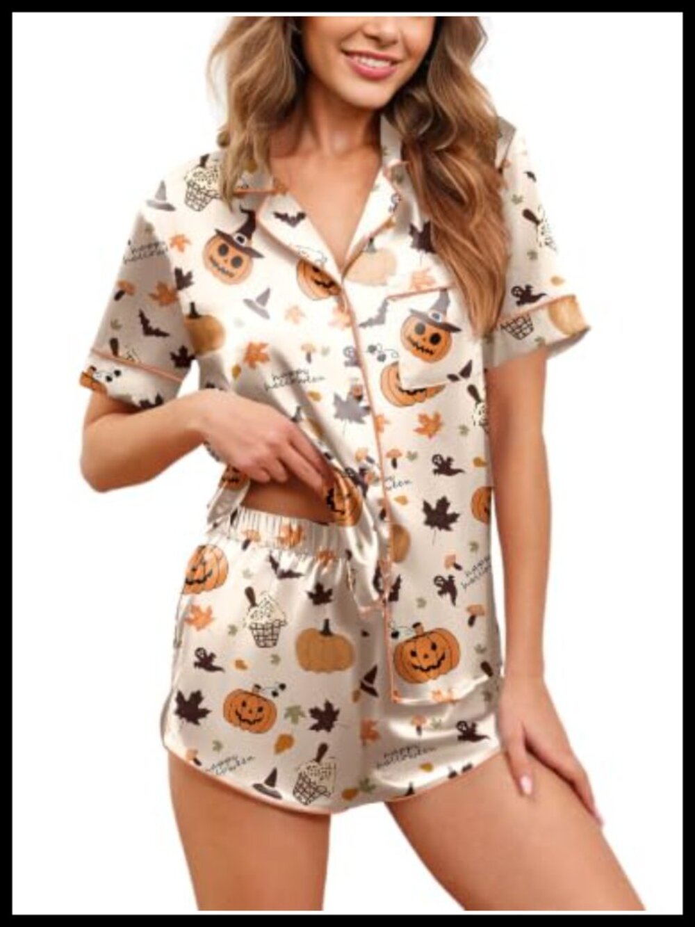 Satin Pajama Set Short Sleeve Button Down Top & Shorts Sleepwear
